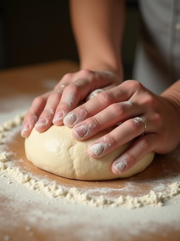 Close-up of a baker's hands skillfully shaping sourdough dough.