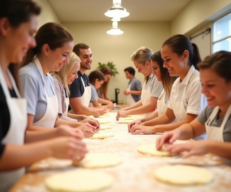 A group of cheerful people participating in a baking workshop at Arcadian Bakes.