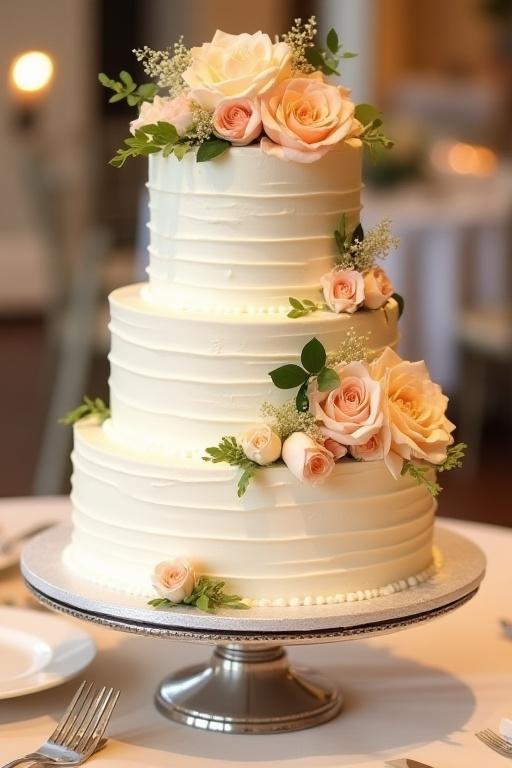 A stunning three-tiered wedding cake adorned with fresh flowers.