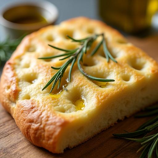 A slice of rosemary focaccia drizzled with olive oil.